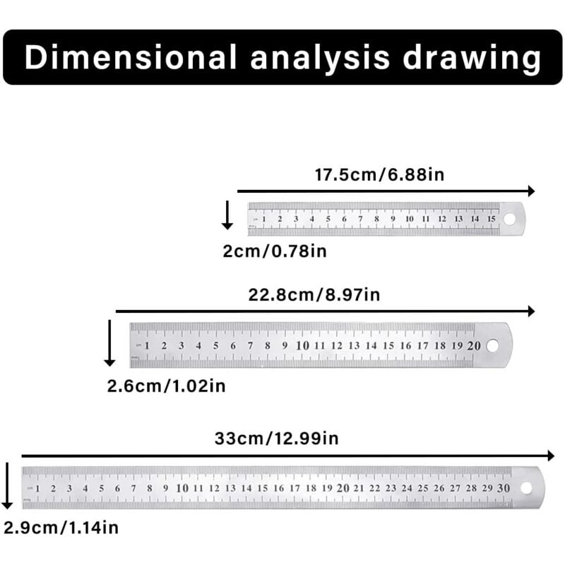 Linghhang - 3-teiliges Edelstahllineal, Präzisions-Lineal aus Metall, gerades Lineal-Set, 15 cm (6 Zoll), 20 cm (8 Zoll), 30 cm (12 Zoll), silbernes