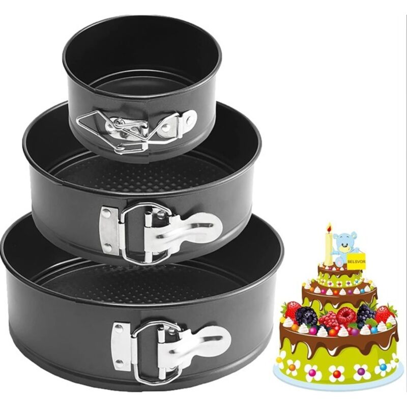 3-teiliges Kuchenform-Set (4'/ 7' / 9'), dreistöckige runde Kuchenform, runde Kuchenform aus schwarzem Kohlenstoffstahl, Springform für