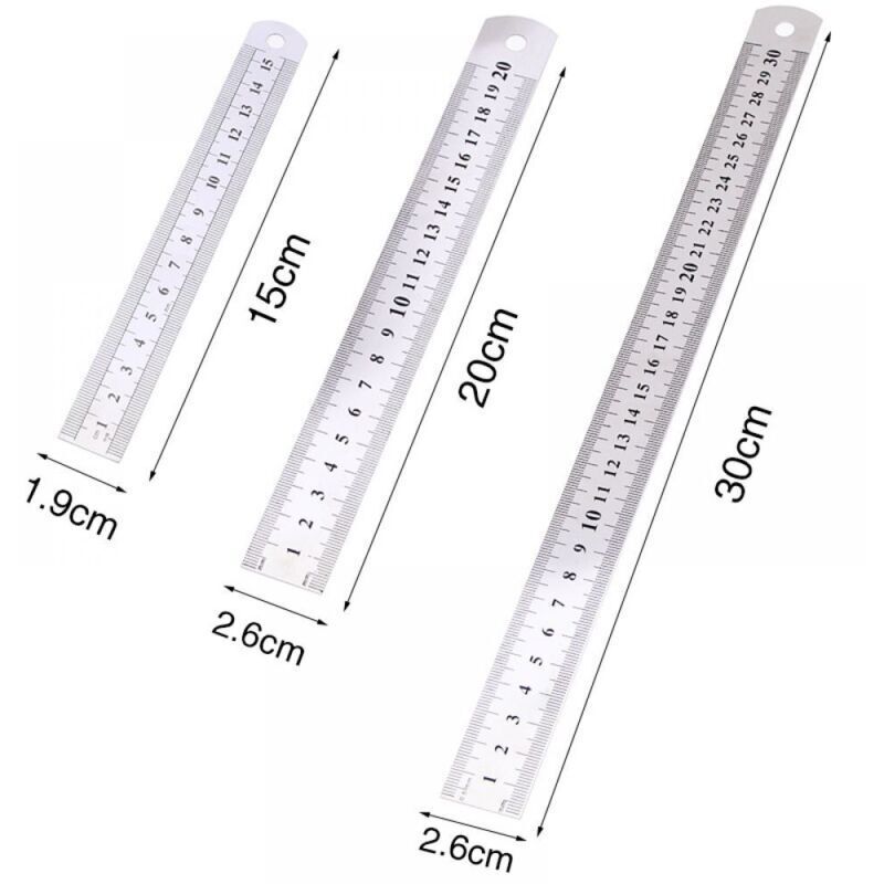 3-teiliges Präzisions-Stahllineal-Set: 15 cm (6 Zoll), 20 cm (8 Zoll), 30 cm (12 Zoll). Silbernes Stahllineal.