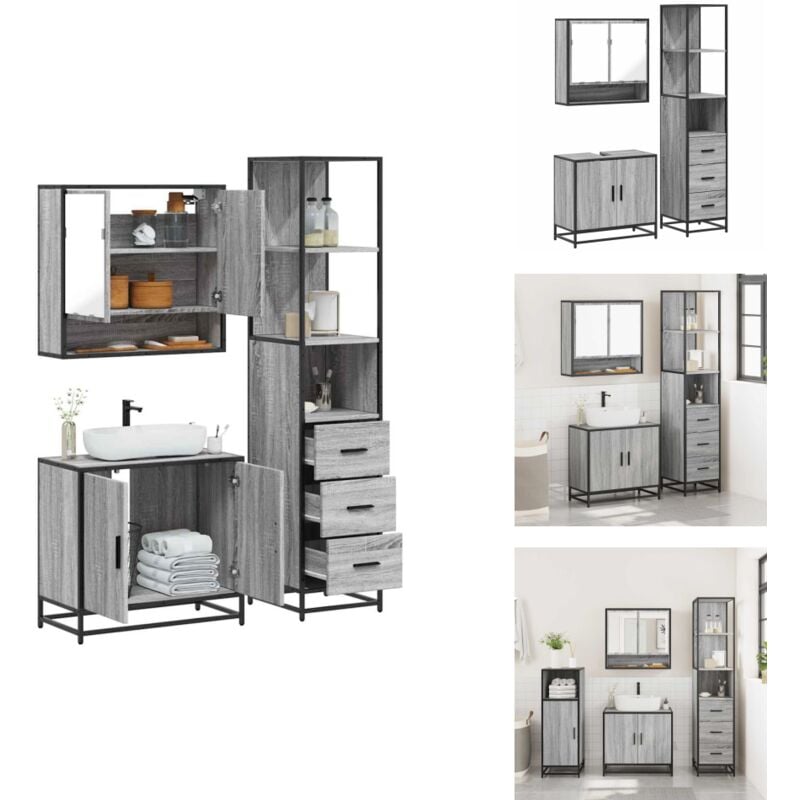3-tlg. Badmöbel-Set Grau Sonoma Holzwerkstoff - Badmöbel Set - Badmöbel Sets - Badezimmermöbel-Set - Badezimmerschrank