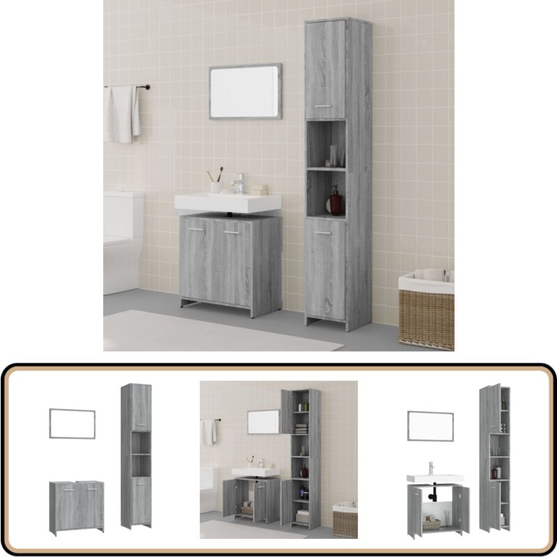 3-tlg. Badmöbel-Set Grau Sonoma Holzwerkstoff - Badmöbel Set - Holzwerkstoff - Badezimmermöbel - Grau Sonoma - Spiegelschrank