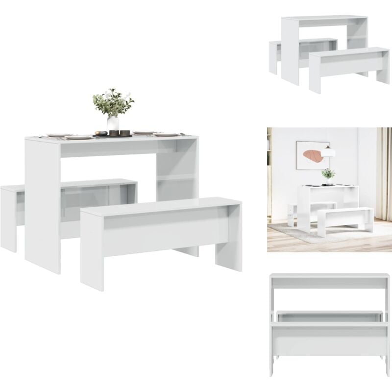 3-tlg. Esstisch und Bank Set Hochglanz-Weiß Holzwerkstoff - Esstisch Und Bank Set - Esstisch Mit Essbank - Essgruppe - Tischgruppe