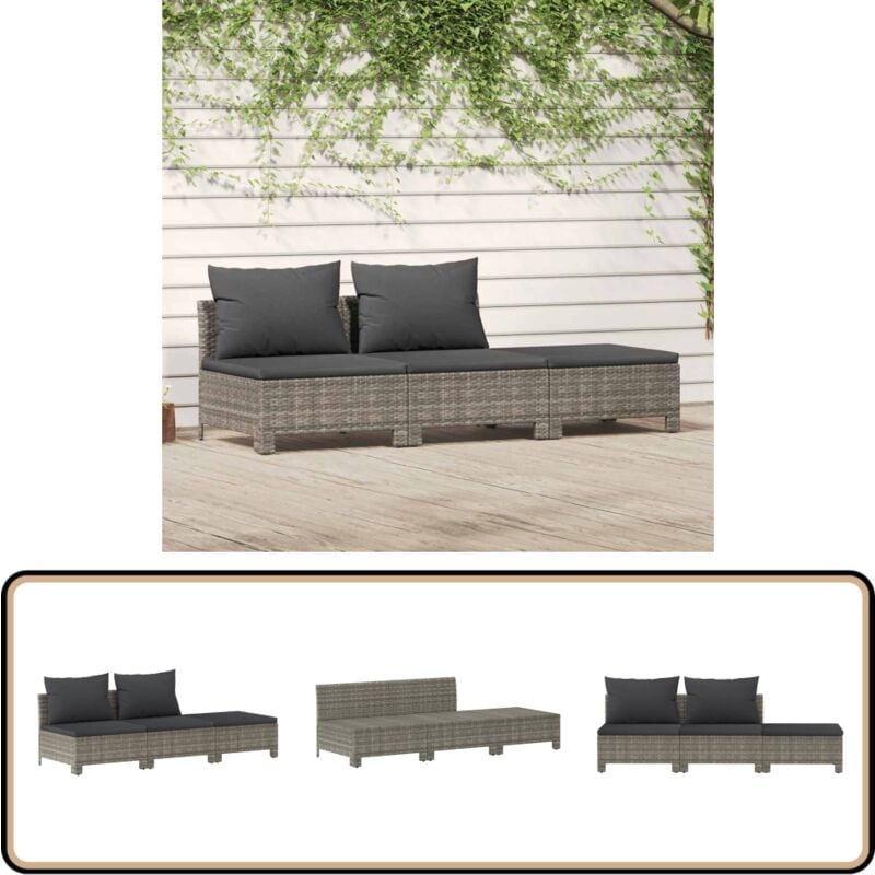 3-tlg. Garten-Lounge-Set mit Kissen Grau Poly Rattan - Gartenloungeset - Loungemöbel - Outdoor Möbel - Poolbereich - Terrasse