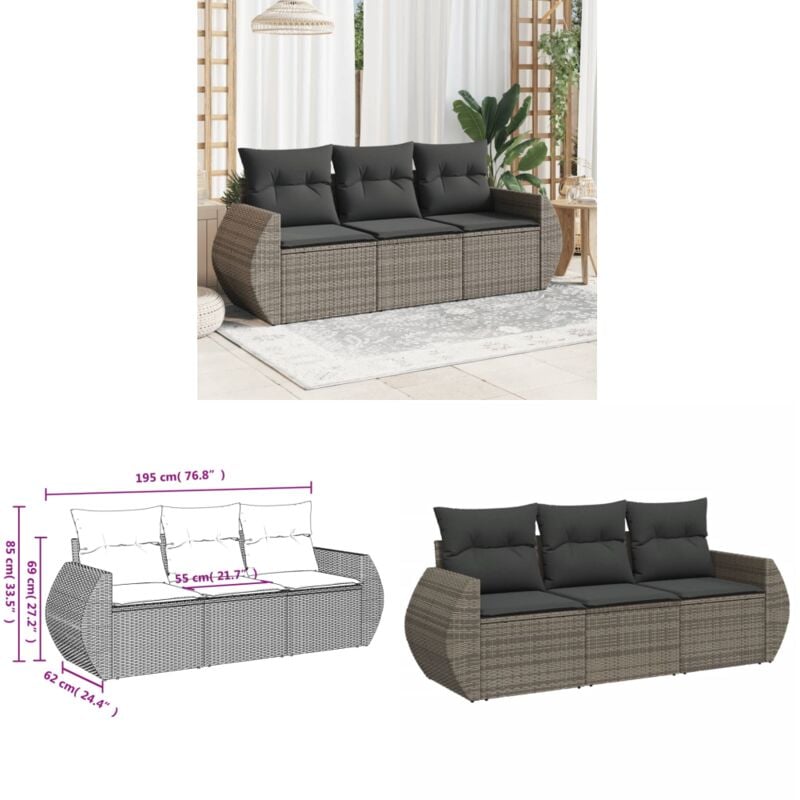 3-tlg. Garten-Sofagarnitur mit Kissen Grau Poly Rattan - Gartenmöbel - Sofa Set - Rattan Sofa - Outdoor Möbel - Gartenlounge - Home & Living