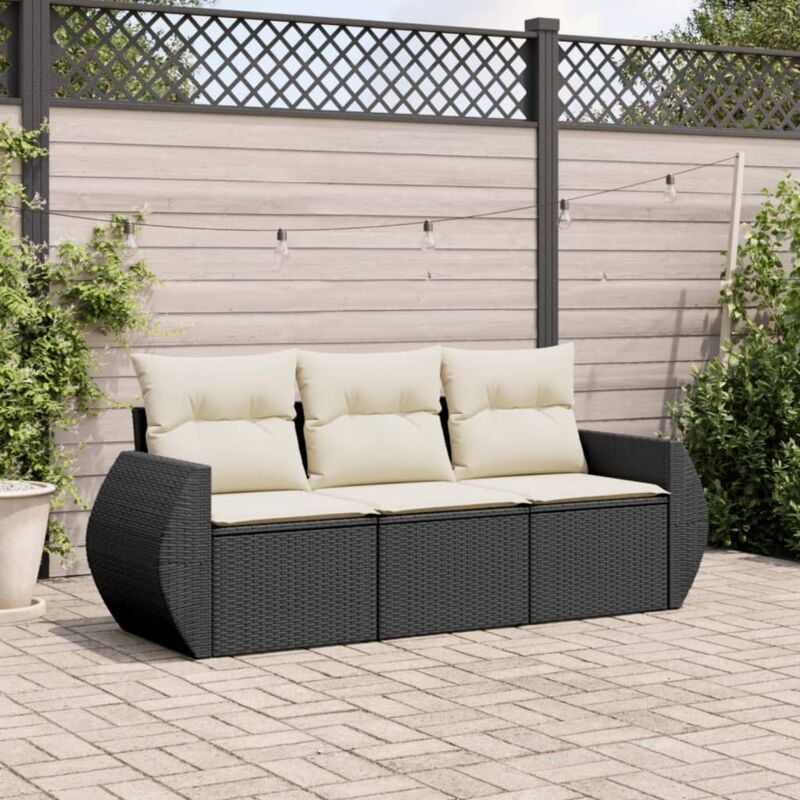 3-tlg. Garten-Sofagarnitur mit Kissen Schwarz Poly Rattan - Vidaxl