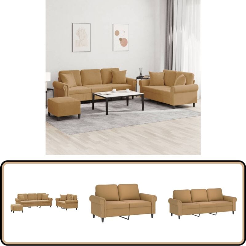3-tlg. Sofagarnitur mit Kissen Braun Samt - Samtsofa - Couchgarnitur - Wohnzimmermöbel - Sessel - Sofa Kaufen
