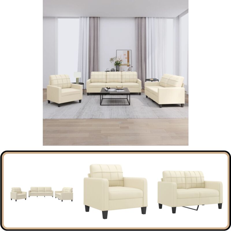 3-tlg. Sofagarnitur mit Kissen Creme Kunstleder - Esszimmertisch - Wohnzimmersofa - Ledercouch - Cremefarbene Möbel - Lounge Set