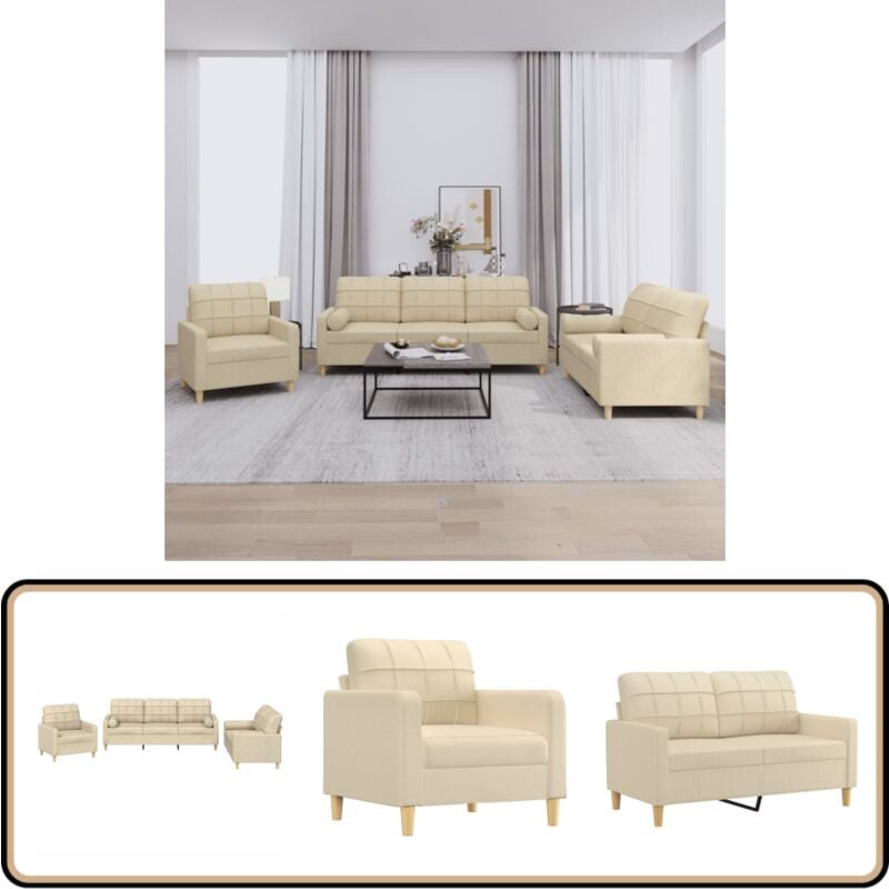 3-tlg. Sofagarnitur mit Kissen Creme Stoff - Esszimmergarnitur - Wohnzimmersofa - Couchtisch - Polstersofa - Cremefarbene Möbel