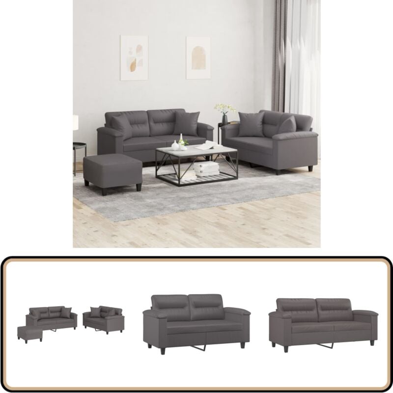 Vidaxl - 3-tlg. Sofagarnitur mit Kissen Grau Kunstleder - Couchgarnitur - Ecksofa - Ledercouch - Grau Sofa - Modernes Sofa