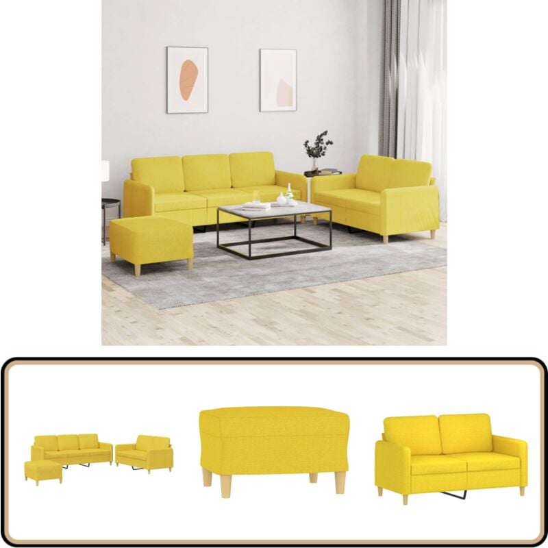 3-tlg. Sofagarnitur mit Kissen Hellgelb Stoff - Esszimmergarnitur - Couchtisch - Couchlandschaft - Lounge Möbel - Polstersofa