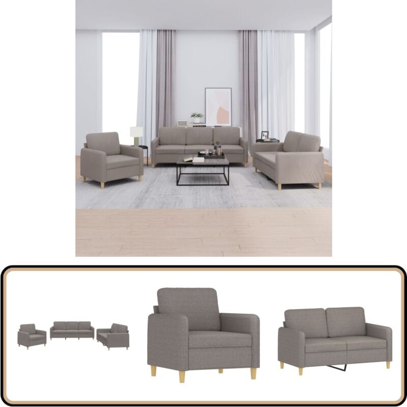 3-tlg. Sofagarnitur mit Kissen Taupe Stoff - Esszimmergarnitur - Wohnzimmersofa - Couchtisch - Lounge Möbel - Polstersitzmöbel