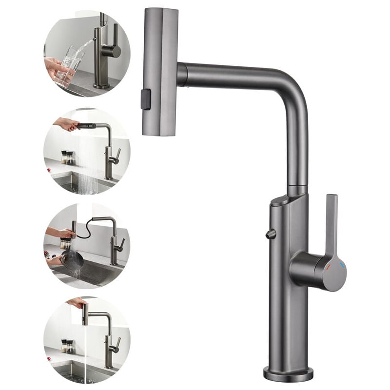 3 Wege Wasserhahn Küche mit Brause Ausziehbar, Trinkwasserhahn 360° Drehbar Wasserfall Küchenarmatur, 3 in 1 Einhebel Armatur Küche Mischbatterie