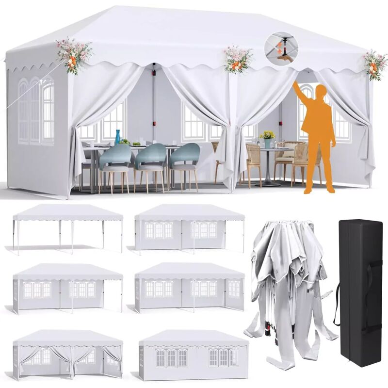 3 x 6 m Pop-up-Gartenpavillon, faltbares Festzelt für den Außenbereich, Camping-Party-Empfangszelt, wasserdicht, mit 4 abnehmbaren Wänden und 6