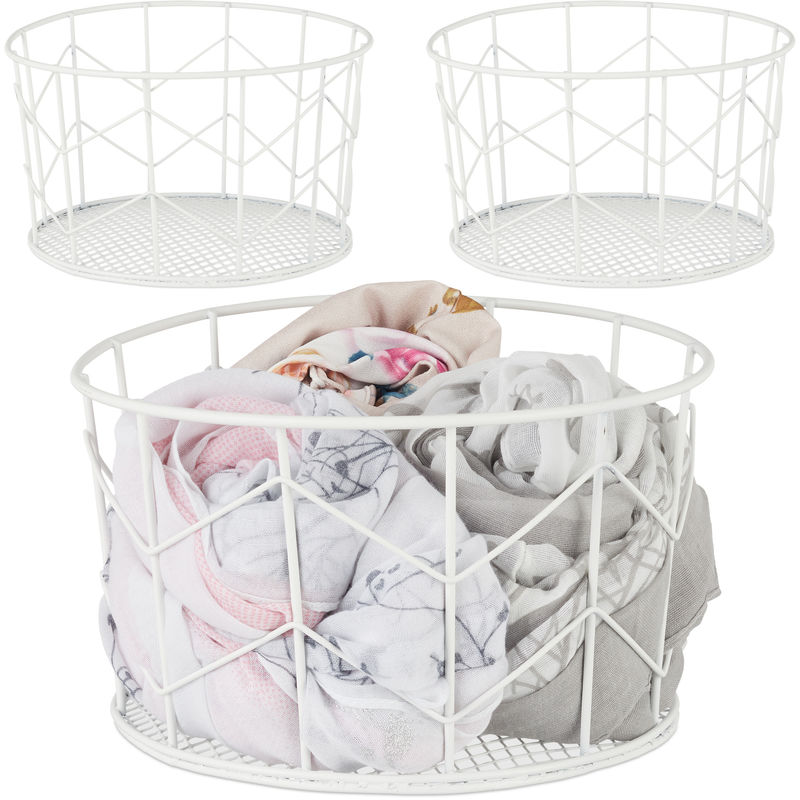 3 x Drahtkorb, rund, Vintage Design, Aufbewahrung, Kleidung, Accessoires, Deko Korb, Metall, HxD: 12,5 x 22 cm, weiß