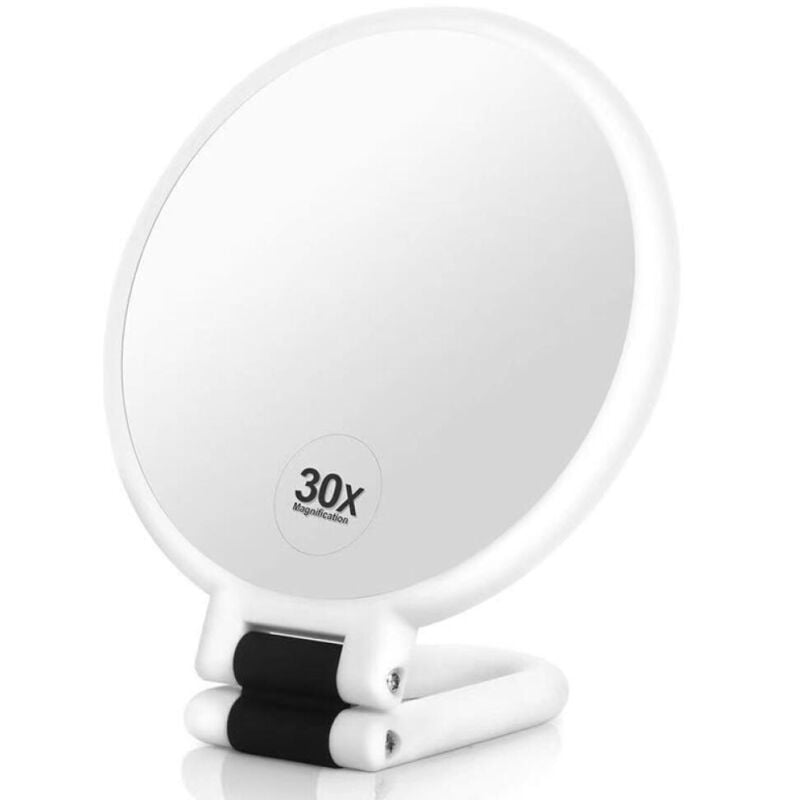 30-fach vergrößernder Spiegel mit Griff – Doppelseitiger Kosmetikspiegel, faltbar und tragbar, jederzeit und überall einsetzbar – Mattweiß