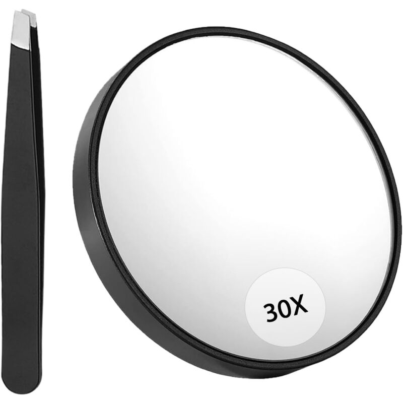 Fitags - 30-facher Vergrößerungsspiegel, 30-facher Vergrößerungsspiegel, Saugnapf und Pinzette, als vergrößernder Schminkspiegel, Taschenspiegel für