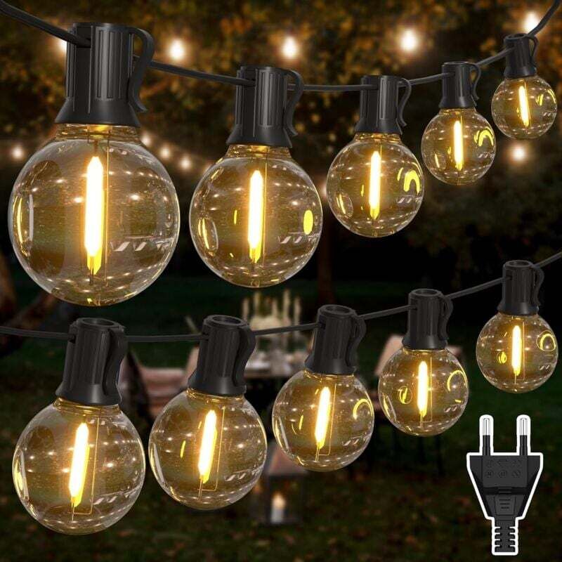 30 m lange Lichterkette für den Außenbereich, mit 50 + 2 G40-LED-Birnen, IP45-wasserdicht, warmweiße Lichterkette für den Außenbereich für Terrasse,