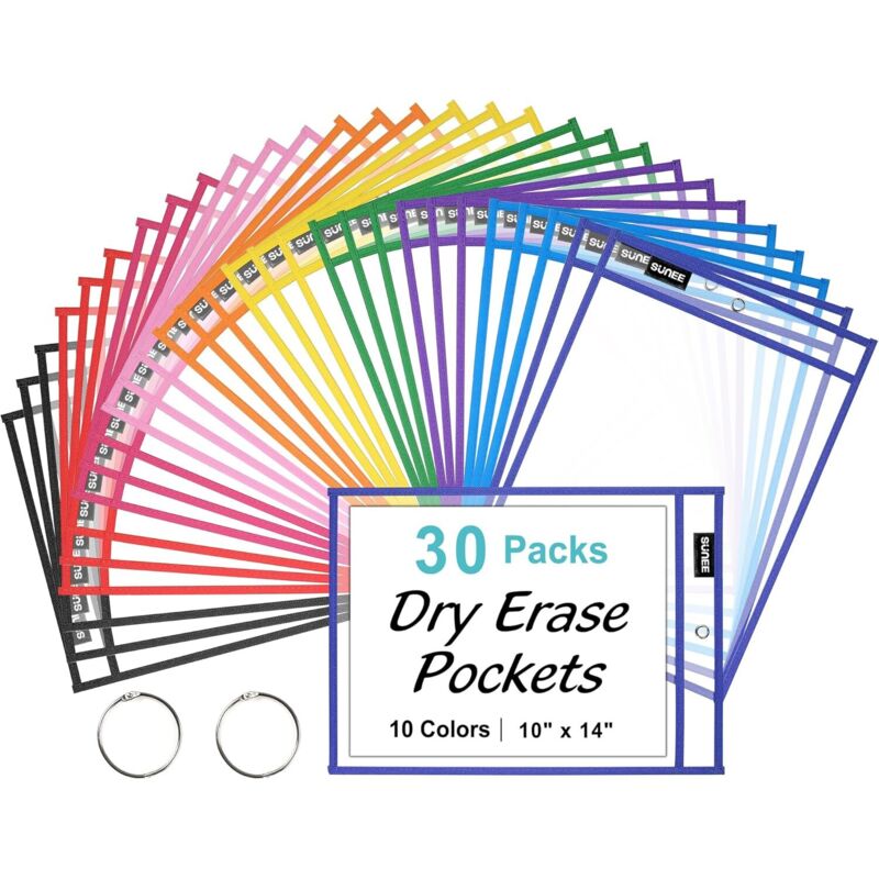 30 Packs Oversized Reusable Dry Erase Pocket Sleeves with 2 Rings, 10 Assorted Colors 10x14 Ticket Holders, Clear Plastic Sheet Protectors, Teacher