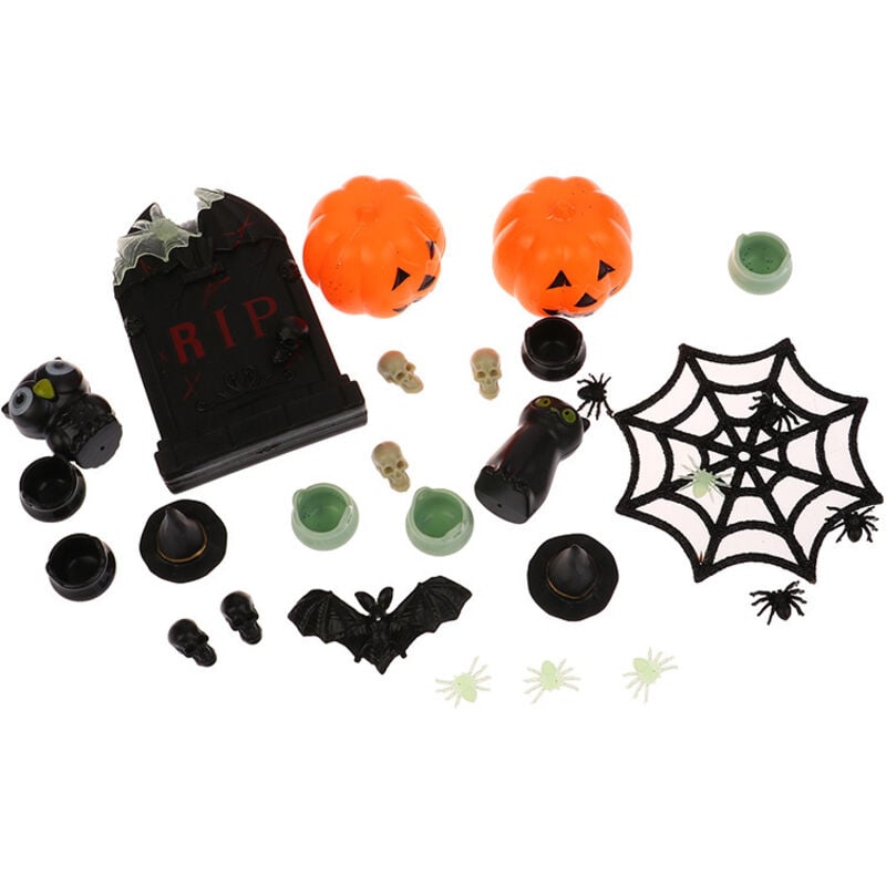 Bluedeer - 30 Pcs Halloween Mini Ornamente Dekoration, Kunststoff Halloween Geist dekorative Ornamente, realistische Schädel Hexe Hut Hexe Kessel