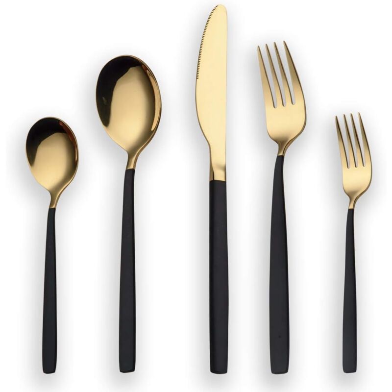 30 Stück Titan schwarz Besteck Set, schwarzer Griff mit goldenen Mund Besteck Set, schwarz und golden Besteck Service für 6 (schwarz, Golden)