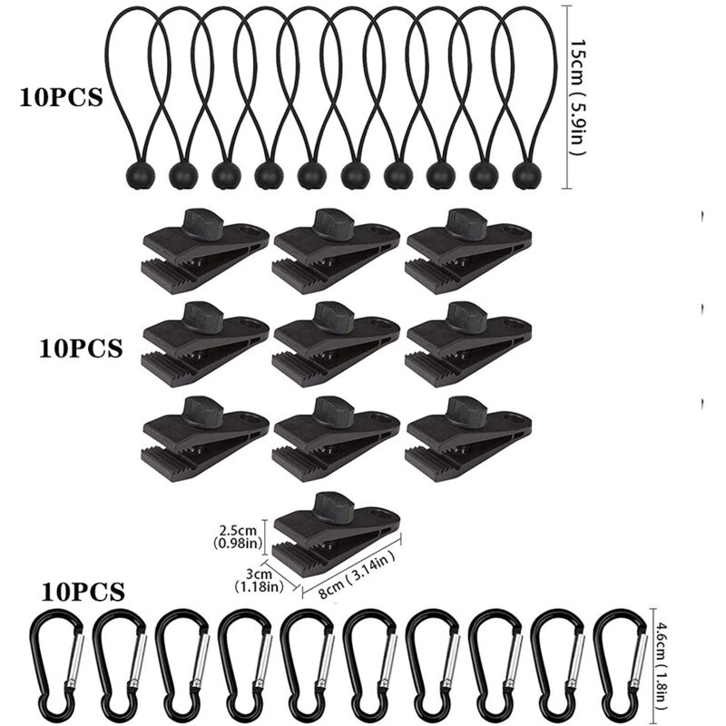 Gabrielle - 30 Stück Zeltplanenclips, 10 Stück Planenklemmen-Verschlussclips, 10 Stück Nylon-Bungee-Seile, 10 Stück Karabiner, für Zelte, Camping,