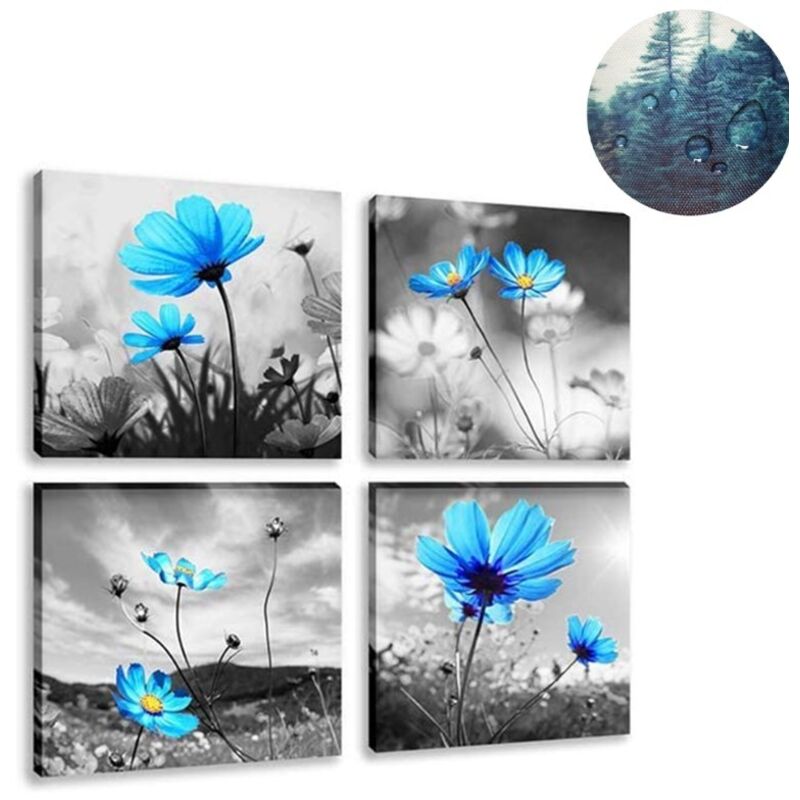 30 x 30 cm, 4 Stück Leinwanddruck – Blaue Blume, Leinwanddruck, Schlafzimmer, Wanddekoration, Ölgemälde für Zuhause, Bad, Wohnzimmer, Schlafzimmer