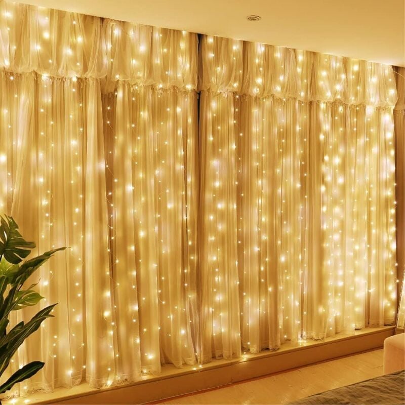 300 LED-Lichtervorhang, warmweiß, 3 m x 3 m, 8 Beleuchtungsmodi, USB-Fernbedienung mit Timer für Weihnachten, Hochzeit, Geburtstag, Fenster, Zuhause