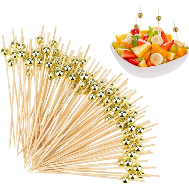 300 Stück Cocktailspieße Spieße Fingerfood mit Gold Acrylperle Cocktail Spieße Holz Obst-Spieß für Cocktail Deko Candy und Antipasti Fasching