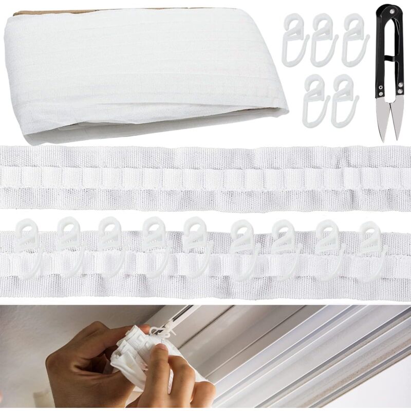 30m2,5cm Gardinenband mit 60 Gardinenhaken. Kräuselband für Gardinen Meterware. Plisseeband für Fenstervorhang, Türvorhang und Duschvorhang