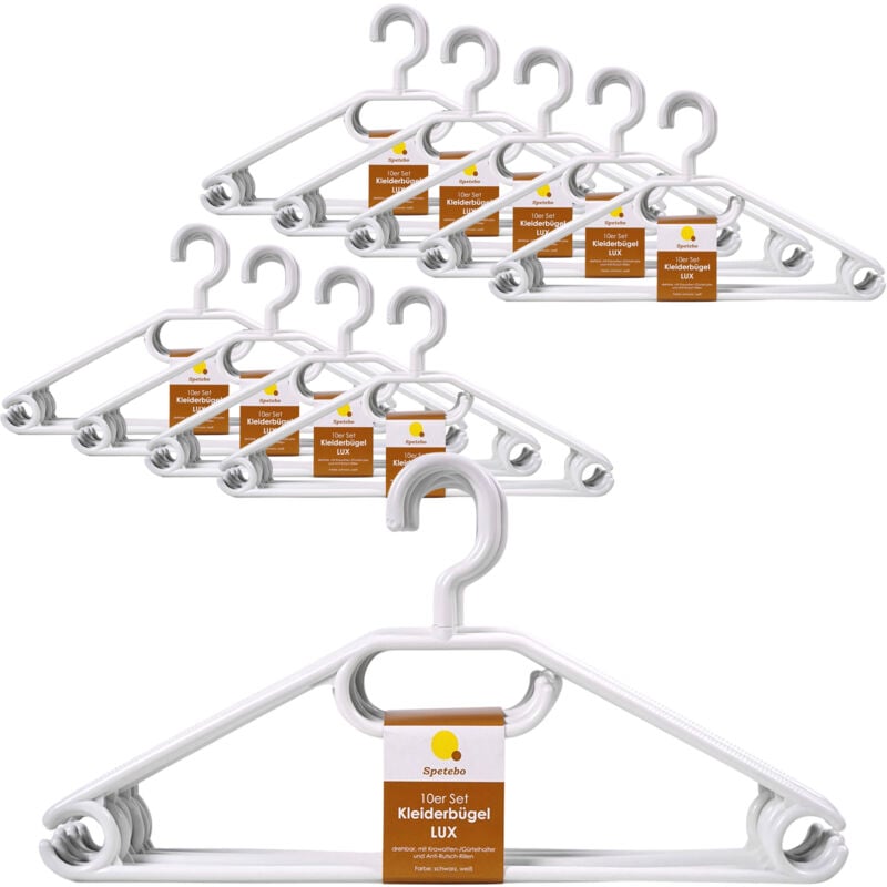 Kunststoff Kleiderbügel mit Hosenstange - weiß / 100er Pack - Bügel für Jacken Hemanden Blusen mit Kawatten und Gürtel Halter