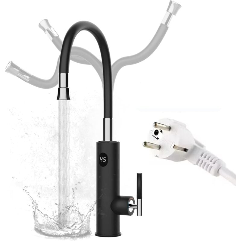 3200 W elektrischer Durchlauferhitzer-Wasserhahn, 360° drehbarer Küchenspülen-Wasserhahn aus Edelstahl mit LED-Temperaturanzeige und flexiblem