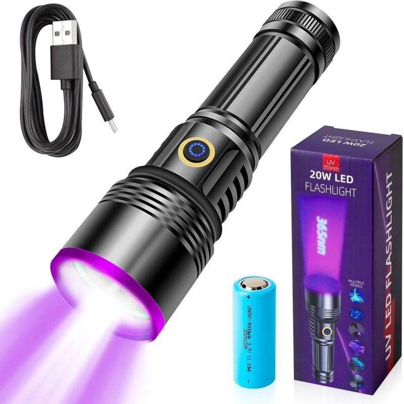 365 nm UV-Taschenlampe, 20 W wiederaufladbare UV-Lampe, Schwarzlicht-Taschenlampe, LED-UV-Taschenlampe für fluoreszierende Tracer, Hunde- und