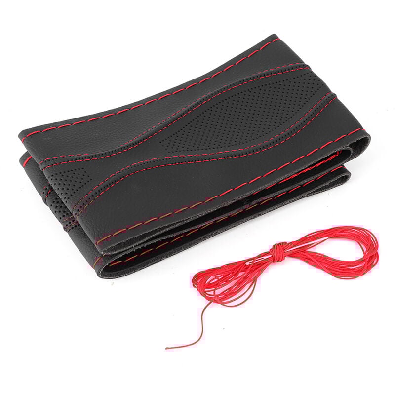 38 cm/15 Zoll Leder-Lenkrad-Wrap-Abdeckung, Handnaht, Prgung mit Nadel und Faden, Universal, Schwarz, Rot