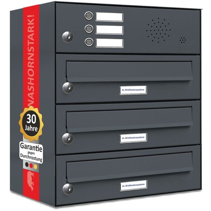 Al Briefkastensysteme - 3er Briefkasten Anlage Aufputz - Wandmontage ral 7016 Anthrazit Klingel