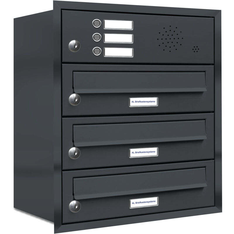 Al Briefkastensysteme - 3er Briefkasten Anlage Unterputz Montage ral 7016 Anthrazit Klingel