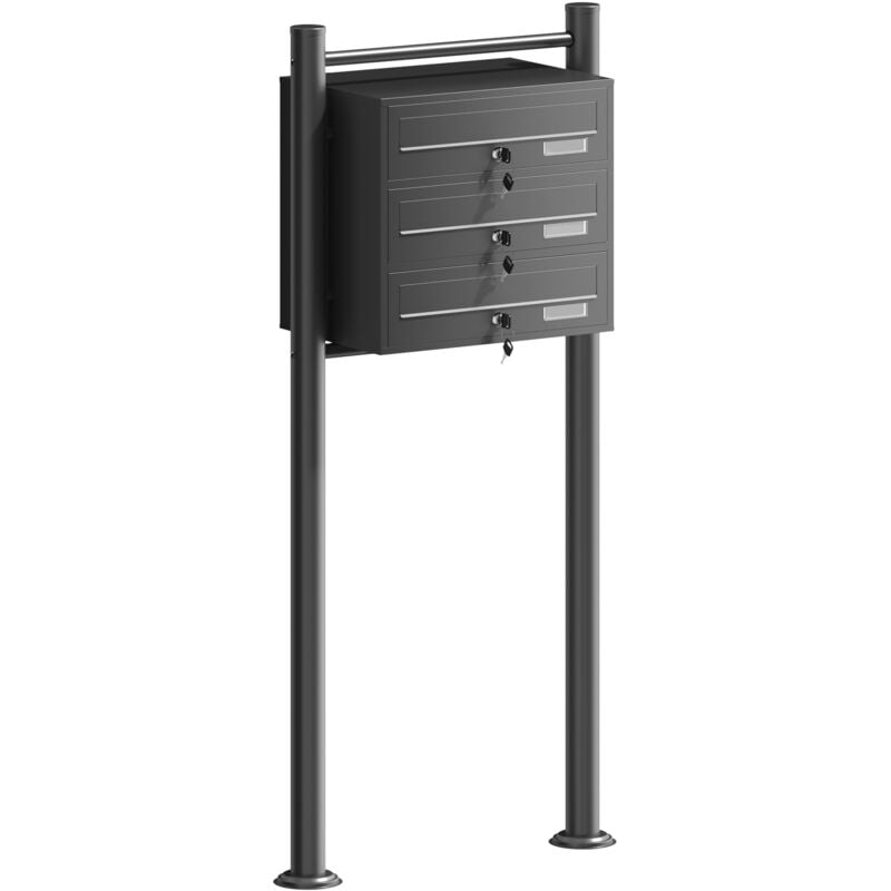 Wiltec 3er Briefkastenanlage schwarz 556 x 270 x 1500 mm, Standbriefkasten mit 3 Fächern, Schlüssel und Namensschild, Briefkasten Postkasten mit