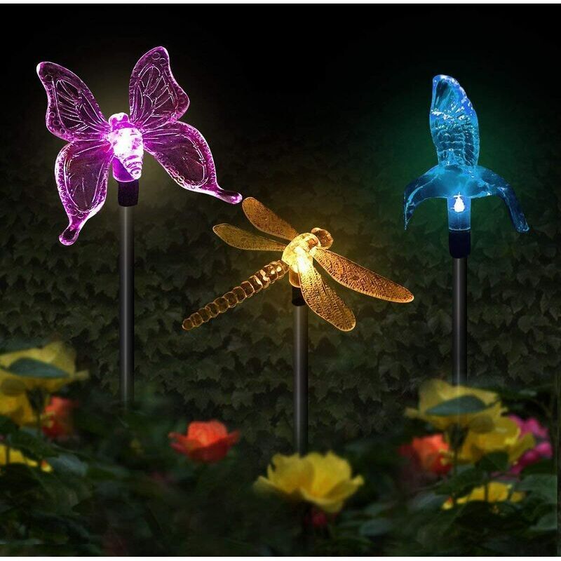 3er-Pack Solar-Gartenleuchten, Schmetterling, Kolibri, Libelle, solarbetriebene LED, mehrfarbig
