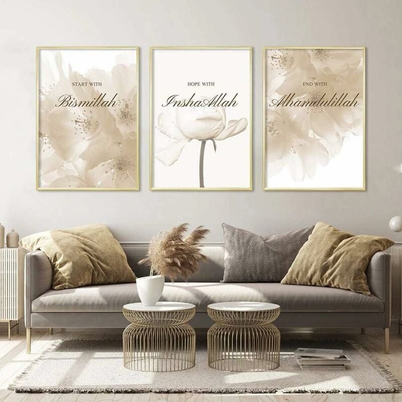 3er-Set Islamische Kalligraphie-Poster mit goldenen Blumen, modern, 30 x 40 cm, Poster mit Zitaten, Leinwand, ohne Rahmen