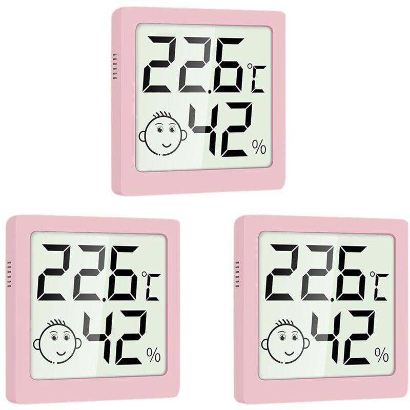 3er-Set Mini-Thermometer und -Hygrometer für Zuhause, Kinderzimmer und Babyzimmer, umschaltbar, magnetisch mit Ständer, rosa