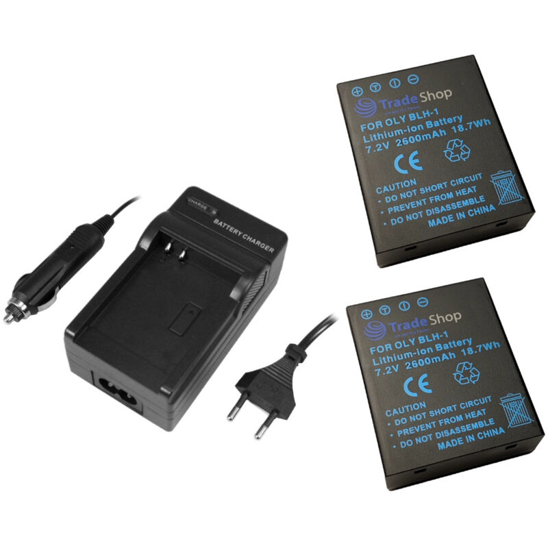3in1 Set: 2x Li-Ion Akku + Ladegerät Ladestation kompatibel mit Olympus BLH-1, OM-D E-M1 Mark II, OM-D E-M1 Mark III, OM-D E-M1X, Batteriegriff HLD-9