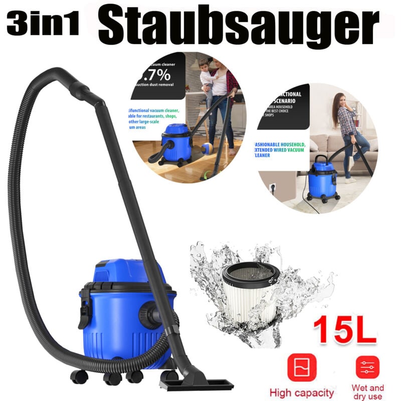 3in1 Staubsauger Nass & Trocken Beutellos 15L Zylinder Leistungsstarke Kompakte