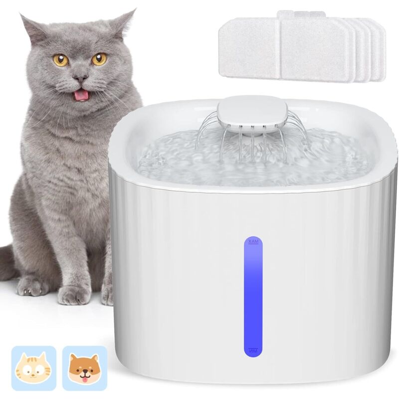 3L Leiser Katzenbrunnen, Automatische LED-Beleuchtung, mit Aktivkohlefiltern und Wasserpumpe, Geeignet für Mehrere Haustiere