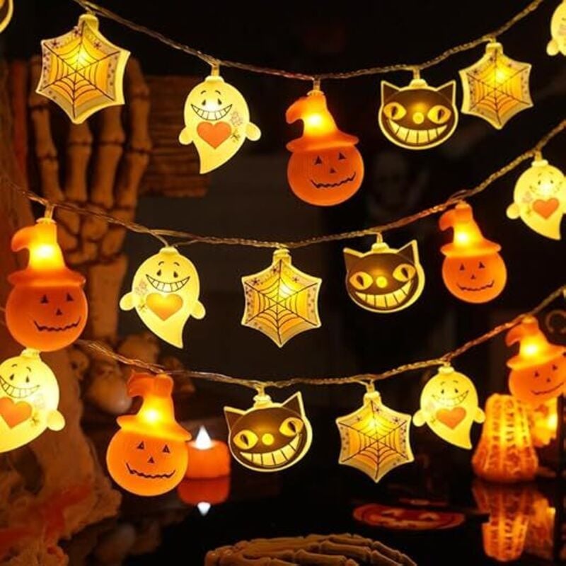 3M 20 LED Halloween-Lichterkette, 4 verschiedene Halloween-Lichter: Kürbis, Geist, Spinne, Katze, 2 AA-Batterien für Halloween-Partys, Schlafzimmer