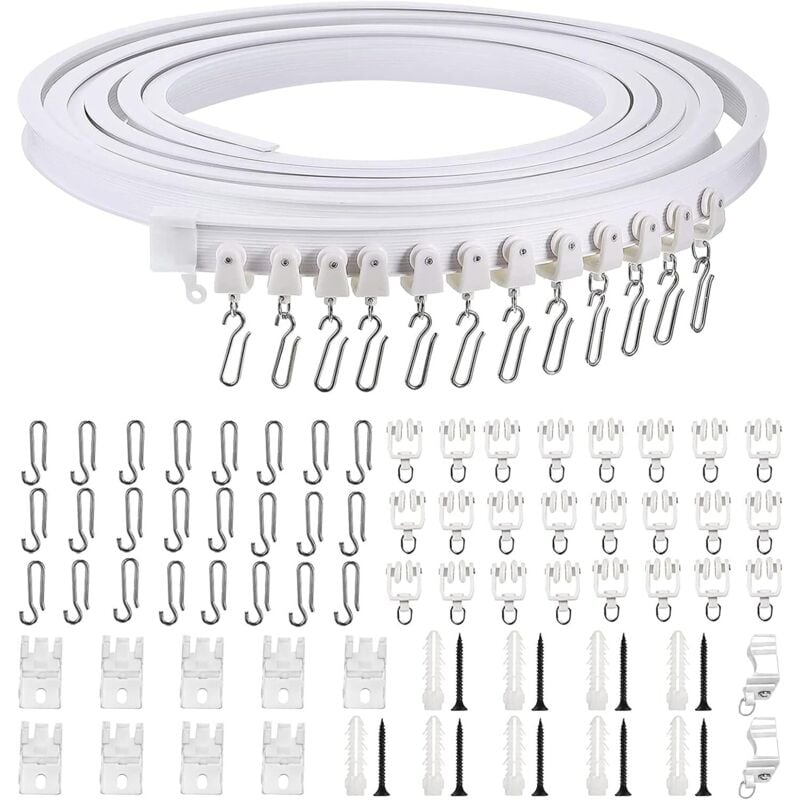 3M Gardinenschiene, flexible Gardinenstange, flexible Gardinenschiene mit 24 Gardinenhaken und 16 Rollen für Balkon, Erkerfenster, Wohnzimmer,