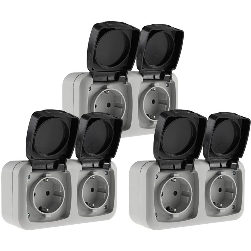 3x Feuchtraum Doppel-Steckdose IP44 Aufputz horizontal 2-fach Steckdose 3er Set