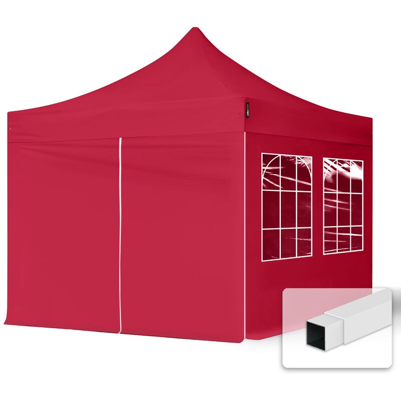 3x3 m Faltpavillon, economy Stahl 30mm, Seitenteile mit Sprossenfenstern, rot
