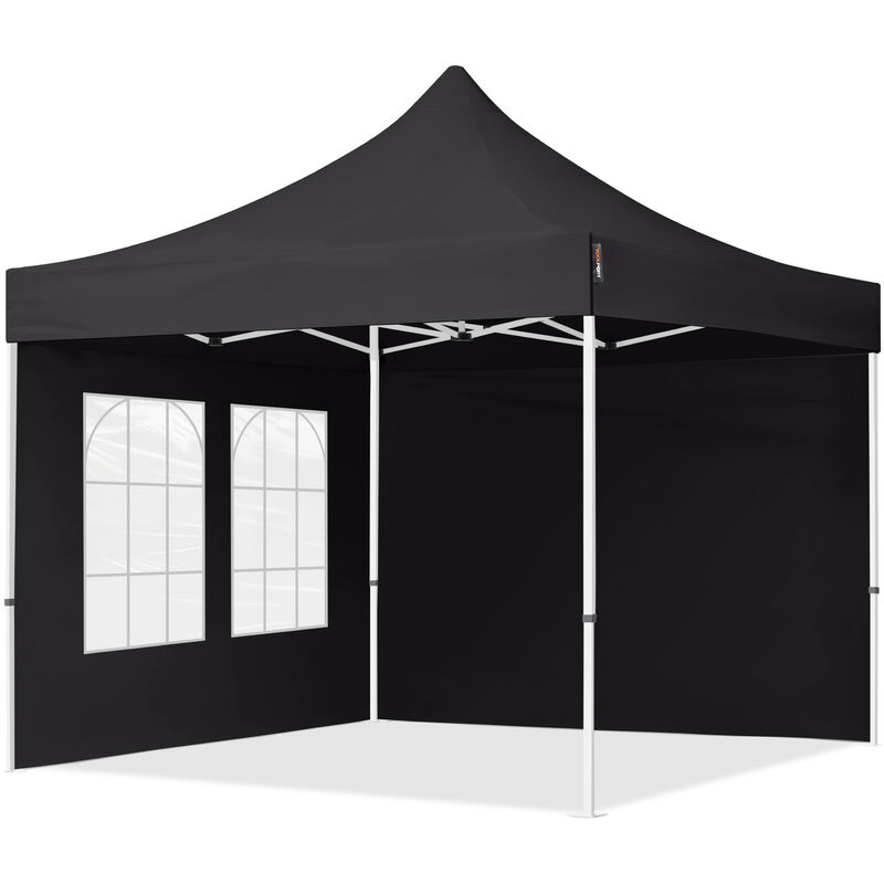 3x3 m Faltpavillon, economy Stahl 30mm, Seitenteile mit Sprossenfenstern, schwarz