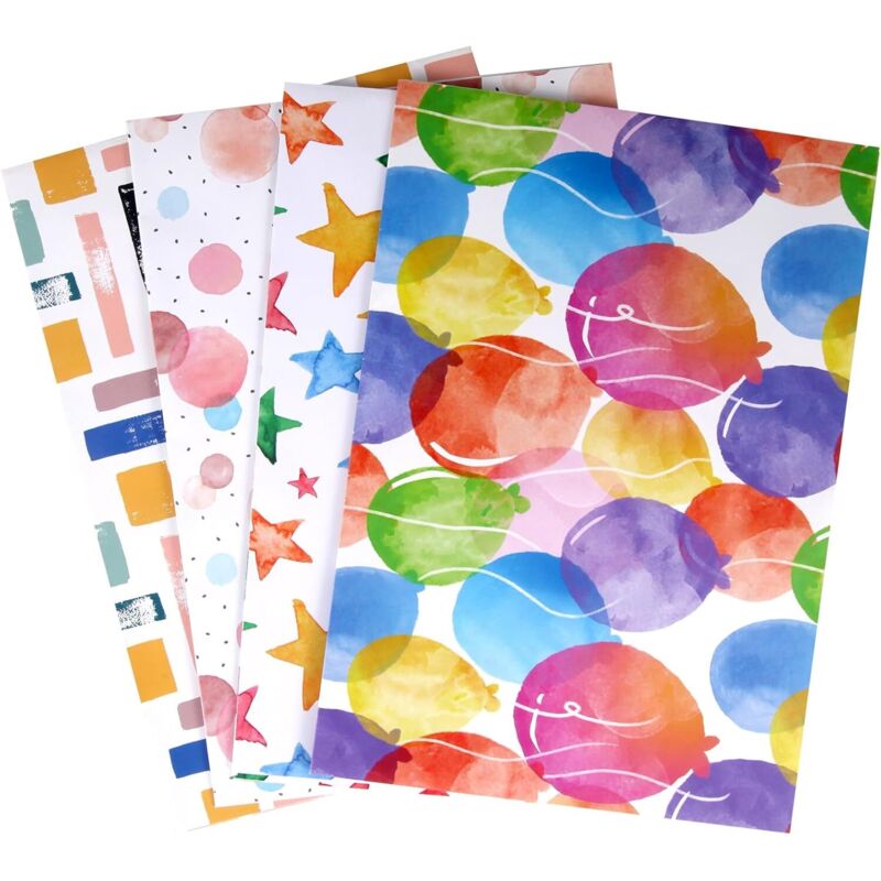 4 Bögen recycelbares Geschenkpapier – 70 × 50 cm. Buntes Geschenkpapier für Geburtstag oder Party