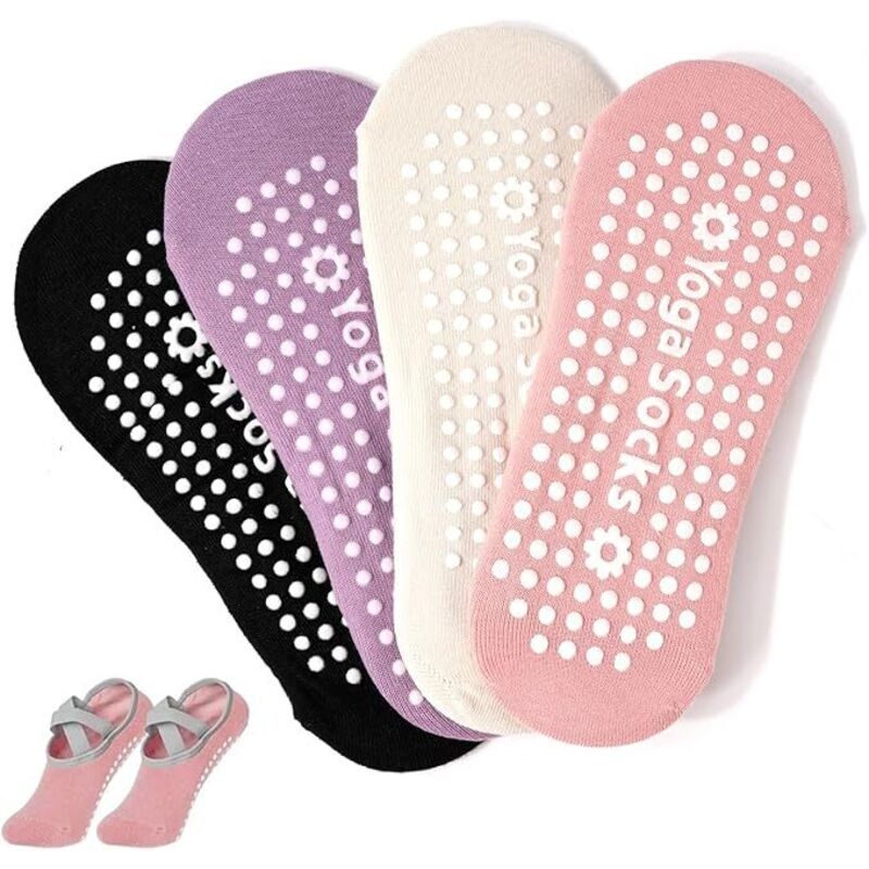 4 Paar Damen Anti-Rutsch Yoga Socken Baumwolle Pilates Socken Gr. 36-39 mit Noppen für Damen, für Tanz, Ballett, Fitness Sport