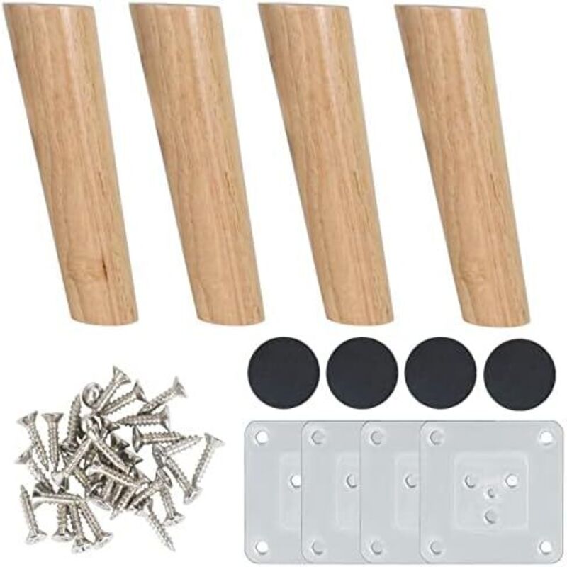 4 Stück 20 cm Holzmöbelbeine, Holzsofabeine mit Montageplatte, Schrauben und Antirutschmatte, Holzmöbelbeine geneigt für Bett, Schrank, Tische und